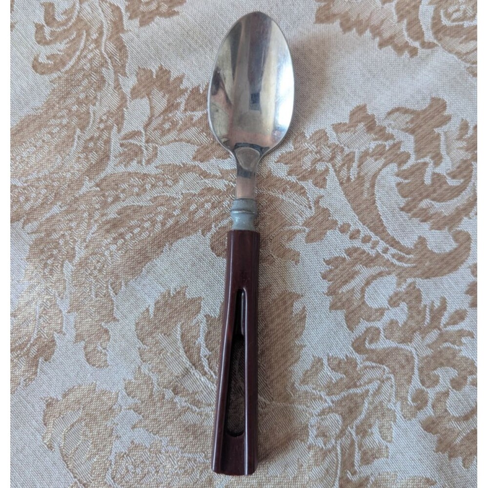 Vintage Stainless Serving Spoon Brown Bakelite Plastic Handle Mid Century MCM